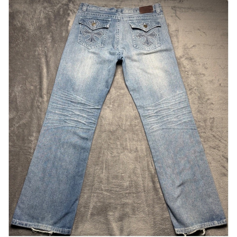 EJ Black‎ Jeans Mens 34 Light Wash Cross Embroidered Distressed Straight Leg Y2K - Picture 11 of 11